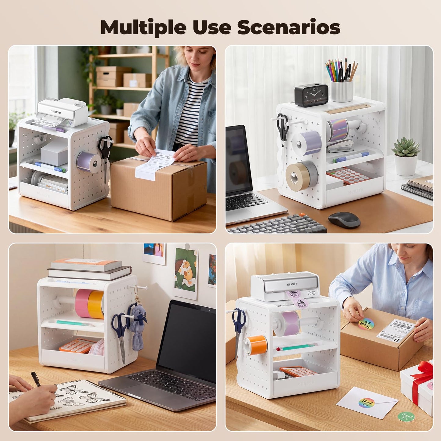 MUNBYN ILH03 4x6 Thermal Label Holder, 5-in-1 Sticker Holder with 3-Tier Shelf, Drawer, Hooks & Pegboard, for Shipping Label Printing, Office, Small Business, Home
