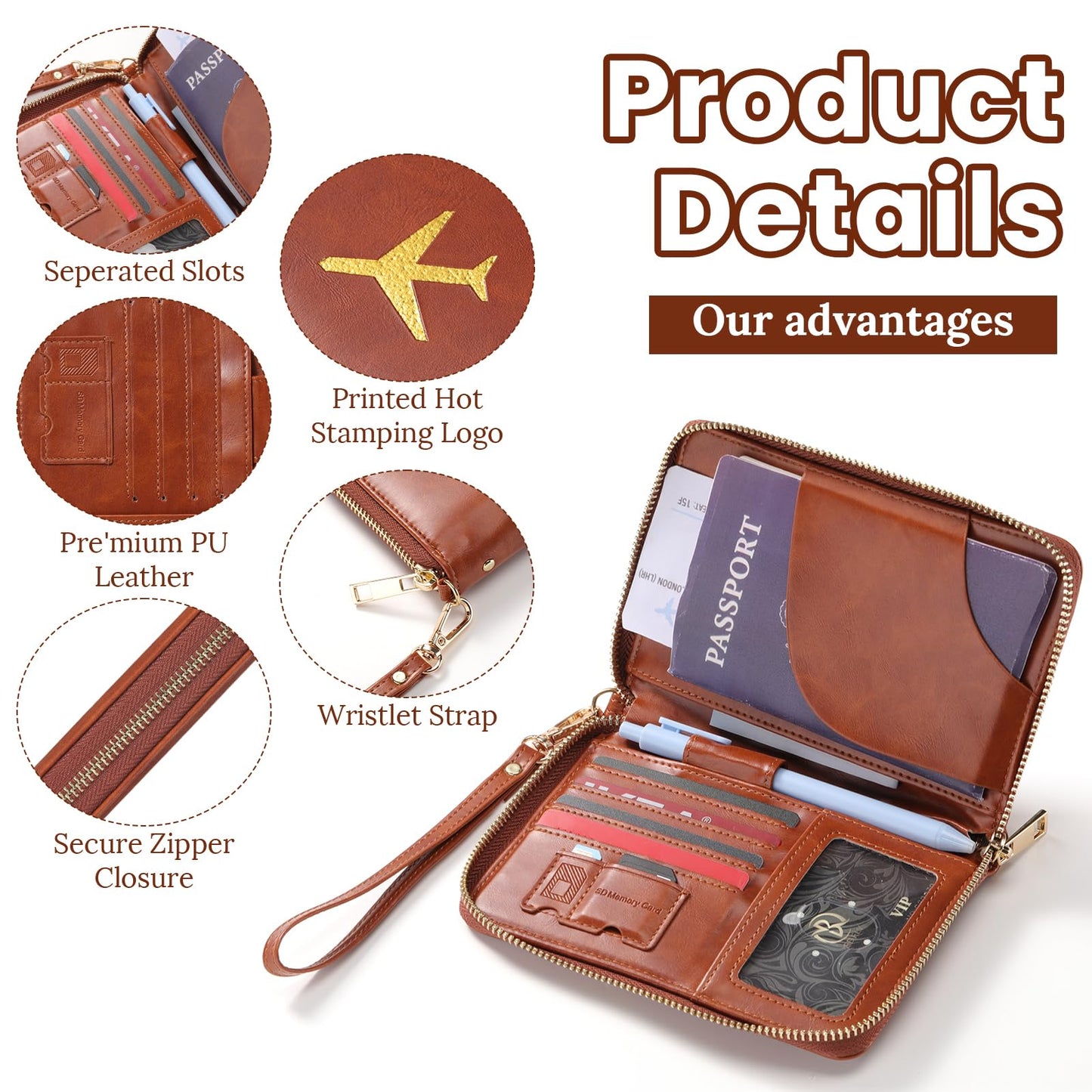 SilTriangle 2 Pcs Leather Passport Holder Cover for Travel with Safe Zipper Closure, Premium Passport Wallet Waterproof Rfid Blocking Card Case for Travel Family Women Men(Black,Brown)