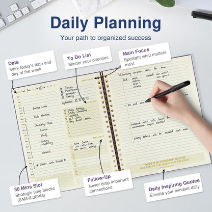 AuroPlanner Undated Daily Planner To Do List Hourly Schedule 2027 2026 2025 Calendar & Holiday Habit Tracker 180 Pages Letter Size 8.5" x 11" Sheets Hardcover Spiral Bound Notebook (Purple Indigo)