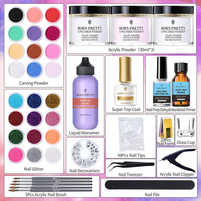 BORN PRETTY Acrylic Nail Kit - Acrylic Powder (Clear, White, Pink) & Liquid Set with Nail Forms, Brush Pen, File & Glass Container - Beginner Friendly