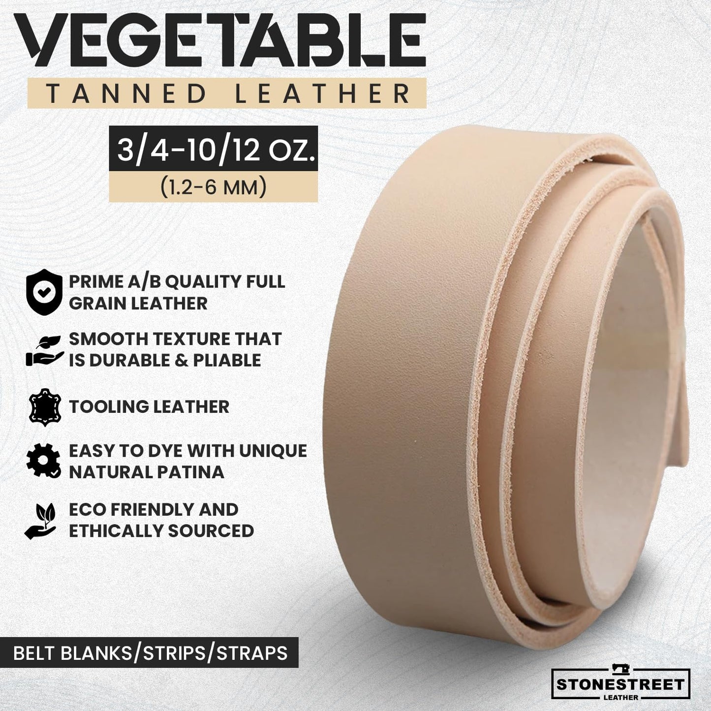 Stonestreet Premium Natural Import Vegetable Veg Tan Tooling Stamping Carving Full Grain Cowhide Leather Strips Belt Blanks Straps 48" - 52" Length (3" 8-9 oz / 3.2-3.6mm)