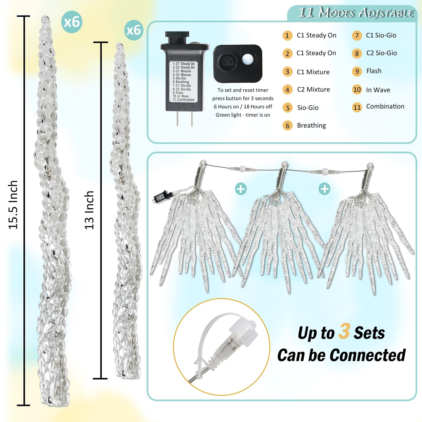 AWQ 21.7 FT Icicle Lights, 60 LED Twinkle Icicle String Lights with 12Tubes, Multicolour Christmas Light with 11 Modes, Timer & Memory Function for Indoor Outdoor Wedding Party Christmas Decor (12)