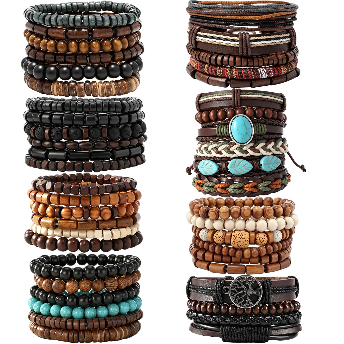 JAVMOO 45 Pcs Wooden Bead Bracelets for Men Women, Boho Multiple Sets Leather Wrap, Hemp Cords, Stack Wood Beads, Ethnic Tribal Cuff Jewelry Wristbands