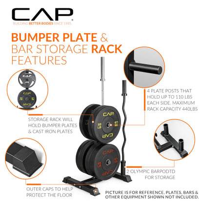 CAP Barbell Olympic Bumper Plate Tree Rack with 4 Weight Plate Posts and 2 Barbell Storage Holders – Heavy-Duty Steel Gym Organizer for Olympic Plates and Bars - Black
