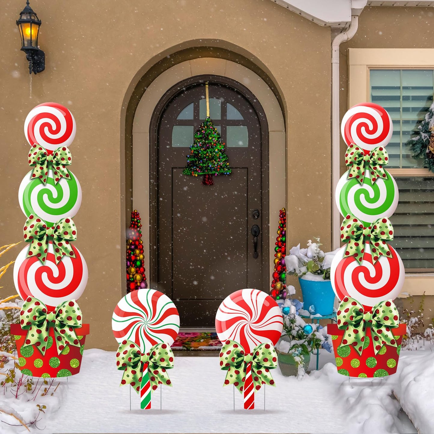 Meonum 4 Pcs Peppermint Candy Christmas Decorations Outdoor Large Christmas Yard Stakes Lime Green and Red Xmas Candy Garden Lawn Signs with Stakes and Bow for Home Pathway Walkway Party Decor(Red)