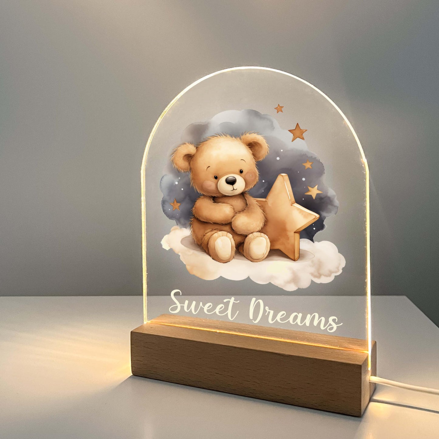 Teddy Bear Frame Night Light Up Table Wood Base LED Desk Stand Plaque Nursery Decor Sweet Dreams Night Light Kids Baby Toddler Children Cute Bear Lamp Custom Christmas/Birthday Gift - Made in America