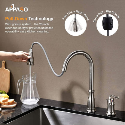 APPASO 3 Hole Kitchen Faucet with Pull Down Sprayer, Kitchen Faucets with Soap Dispenser, 3 Pieces Kitchen Sink Faucet with Separate Handle, Matte Black Kitchen Faucet 3 Hole, 218MB