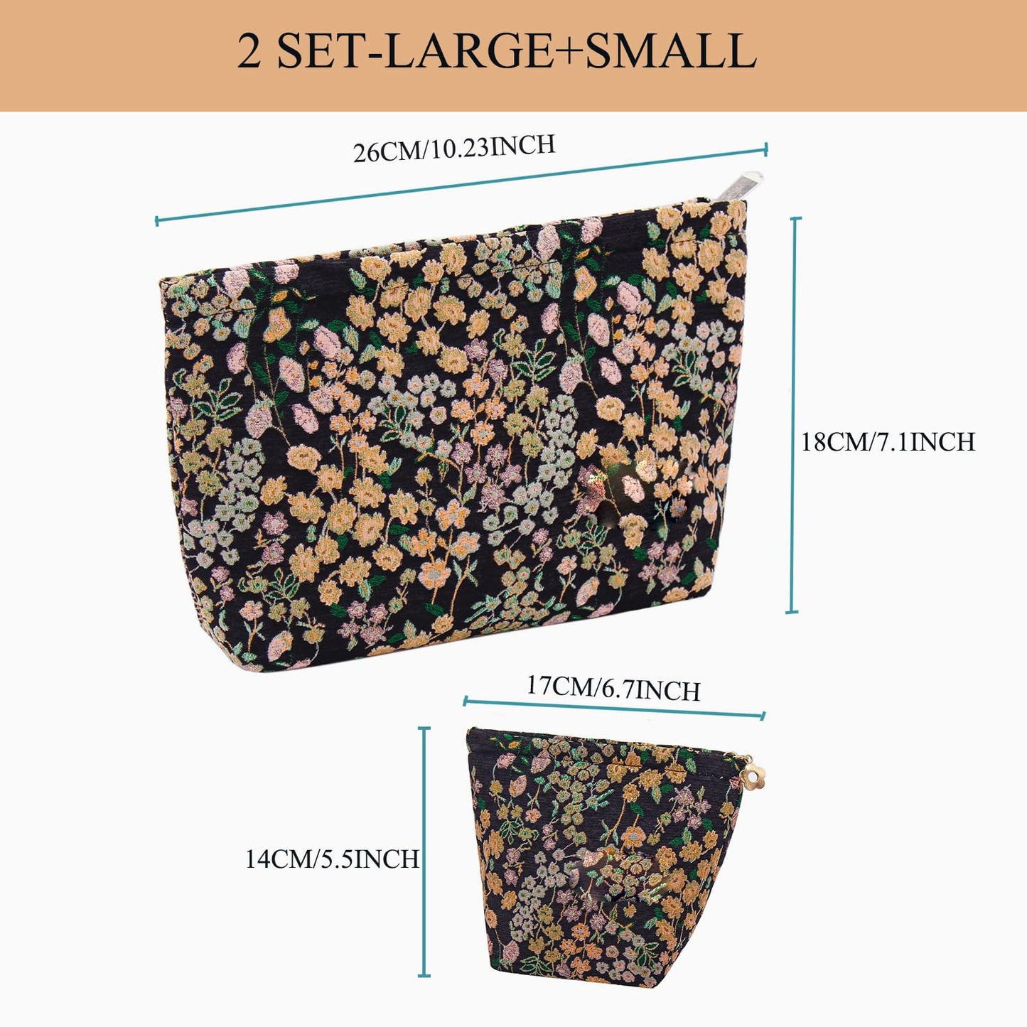 getgto 2 Pcs Makeup Bags, Large Cosmetic Bag Travel Toiletry Bag Organizer for Women, Embroidery Craft, Floral Makeup Bag Small Cosmetic Pouch Purse with Zipper Gifts for Girls Teen