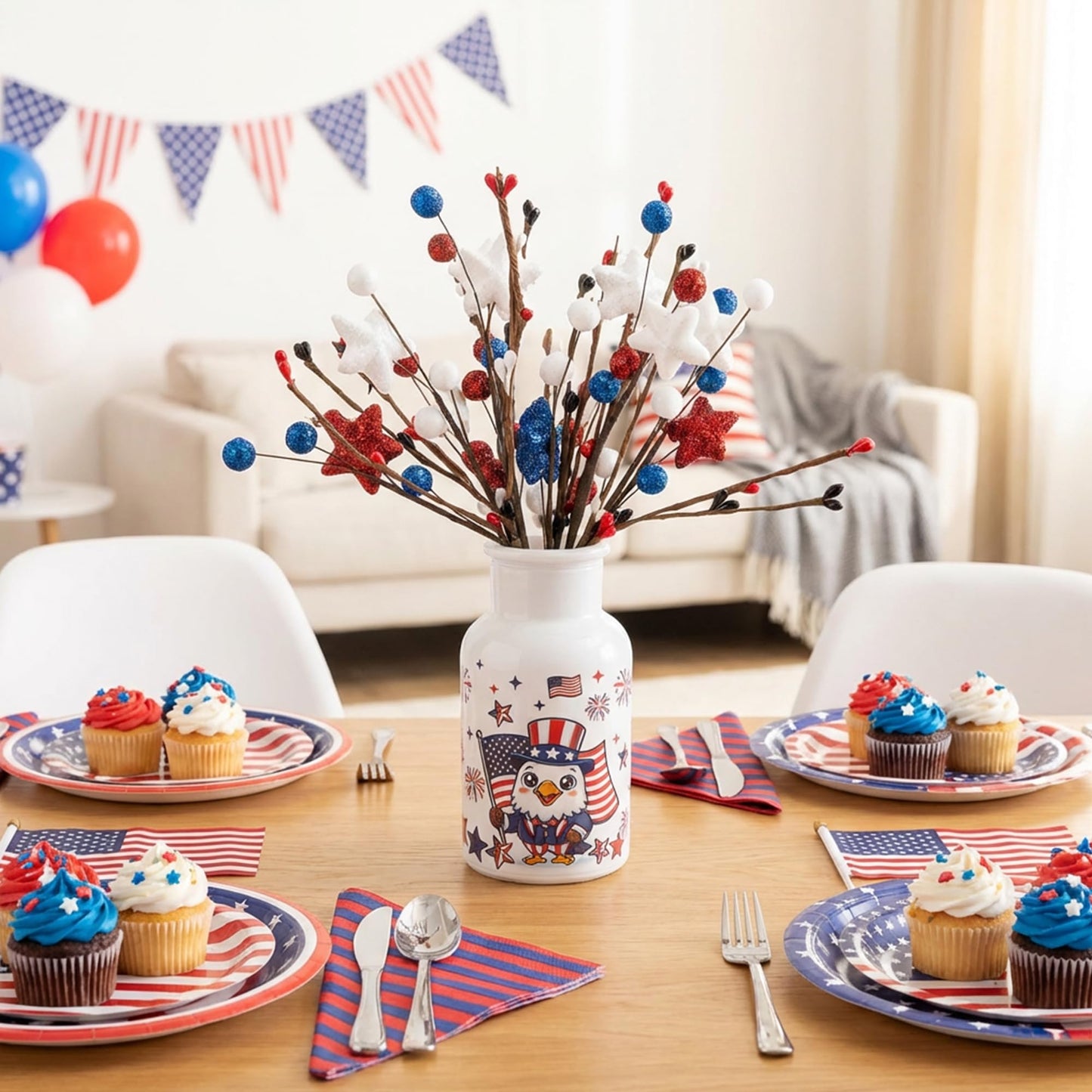 Watayo 2 Set Patriotic Artificial Flower Stems with Glass Vase, 4th of July Artificial Berry Stem Picks, Faux Red White Blue Branches Table Centerpiece for Independence Memorial Day Home Decor
