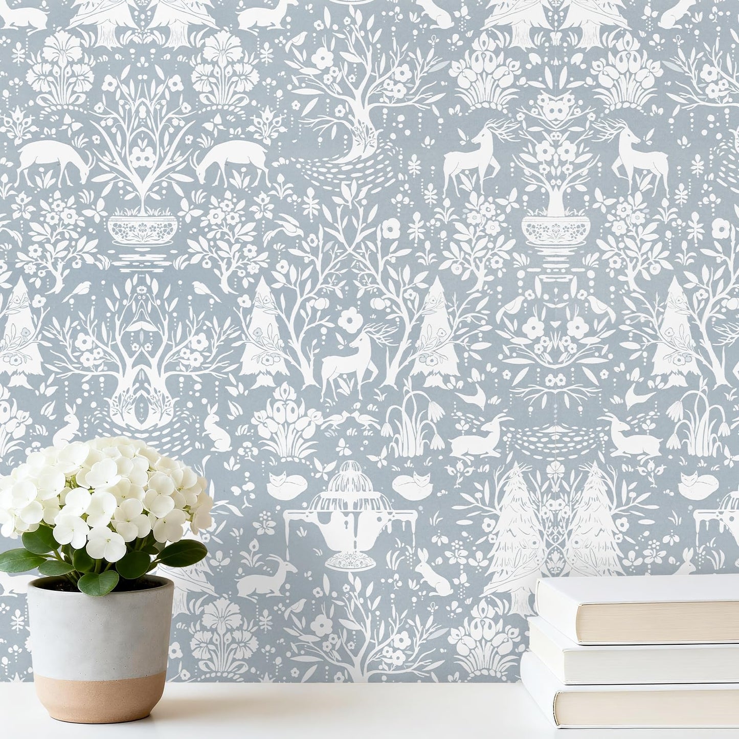 WENMER Forest Animal Wallpaper, 17.7" x 590" Blue and White Contact Paper, Woodland Peel and Stick Wallpaper with Deer Rabbit Fox, Self Adhesive Removable Wall Paper for Living Room Bedroom Nursery