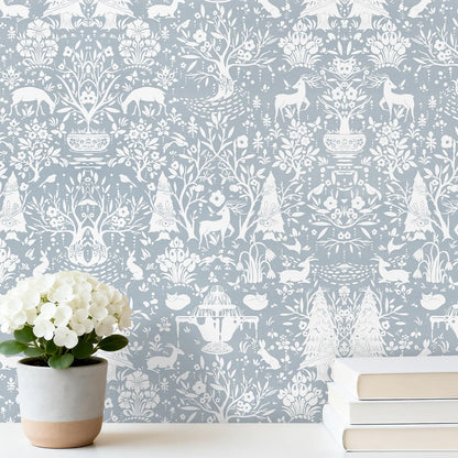 WENMER Forest Animal Wallpaper, 17.7" x 590" Blue and White Contact Paper, Woodland Peel and Stick Wallpaper with Deer Rabbit Fox, Self Adhesive Removable Wall Paper for Living Room Bedroom Nursery
