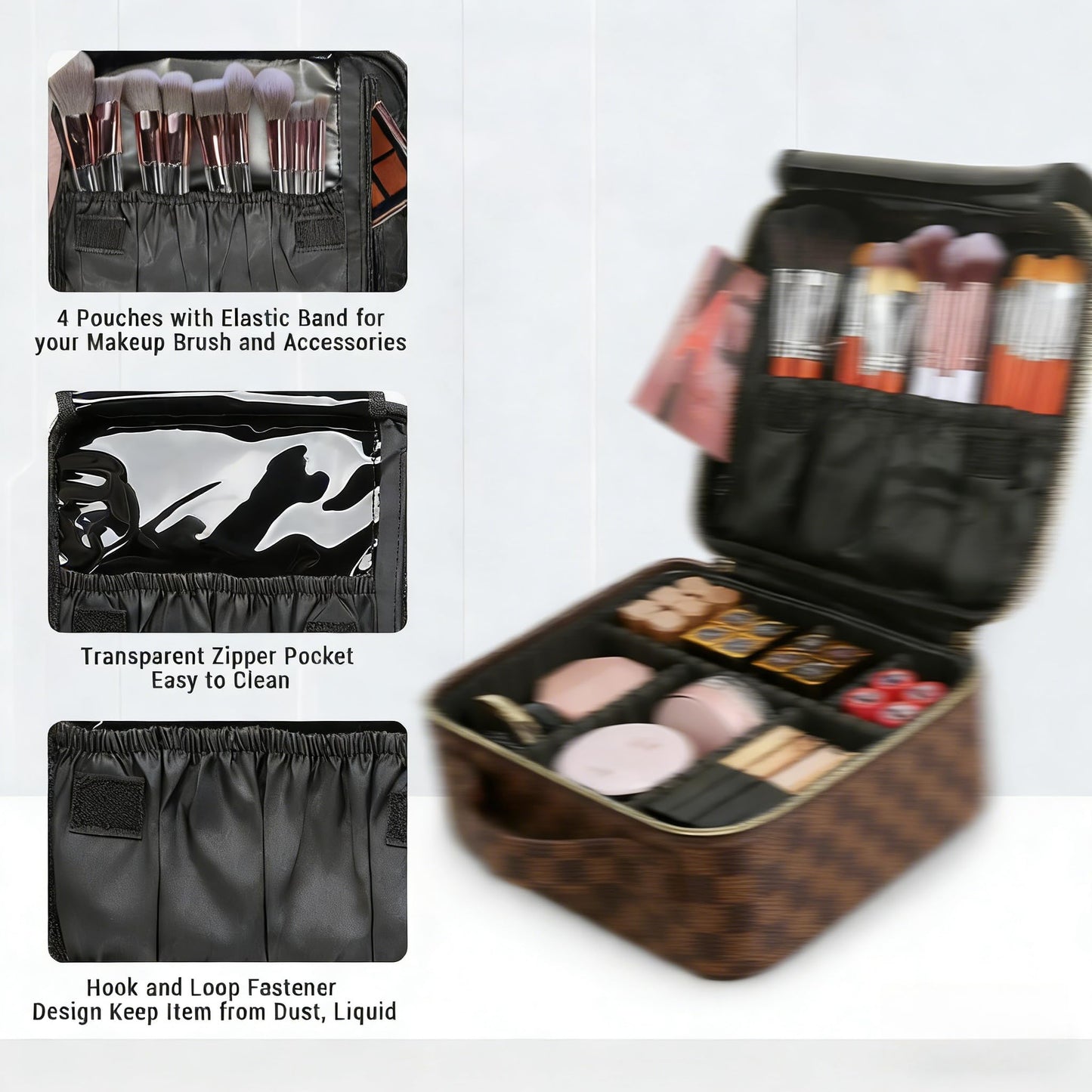 LEAFFUP Checkered Makeup Bag, Portable Makeup Bag with Adjustable Partition, Cosmetic Bags for Women Toiletry Travel Organizer Portable Make Up Bags for Christmas Birthday Gifts