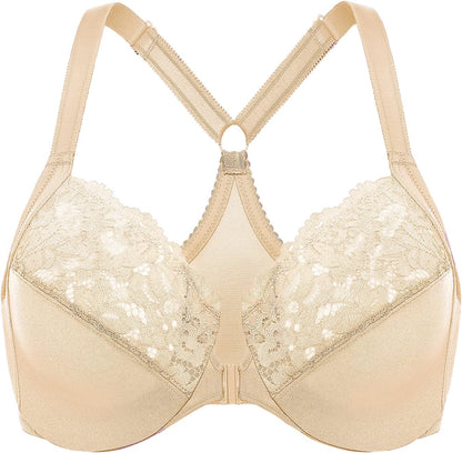 DELIMIRA Women's Front Closure Plus Size Full Coverage Lace Underwire Racerback Bra