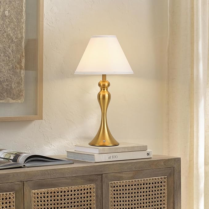Cordless Bedside Lamp for Living Room, Table Lamp for Bedroom, 3-Way Dimmable Nightstand Lamp with Fabric Shade, Rechargeable Touch Led Desk Lamp Battery Operated Lamp for Dorm, Home Office (Brass)