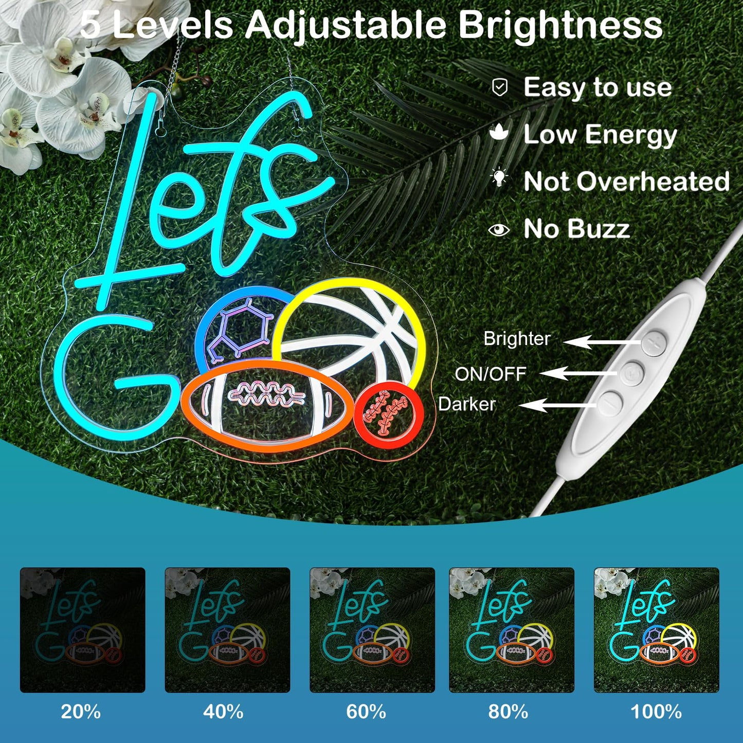 Sports Neon Sign Let's Go Basketball LED Light 4 Balls Combination Sign Light Up Baseball Wall Decor for Gym Themed Party Lighted Football Gifts for Sports Lover