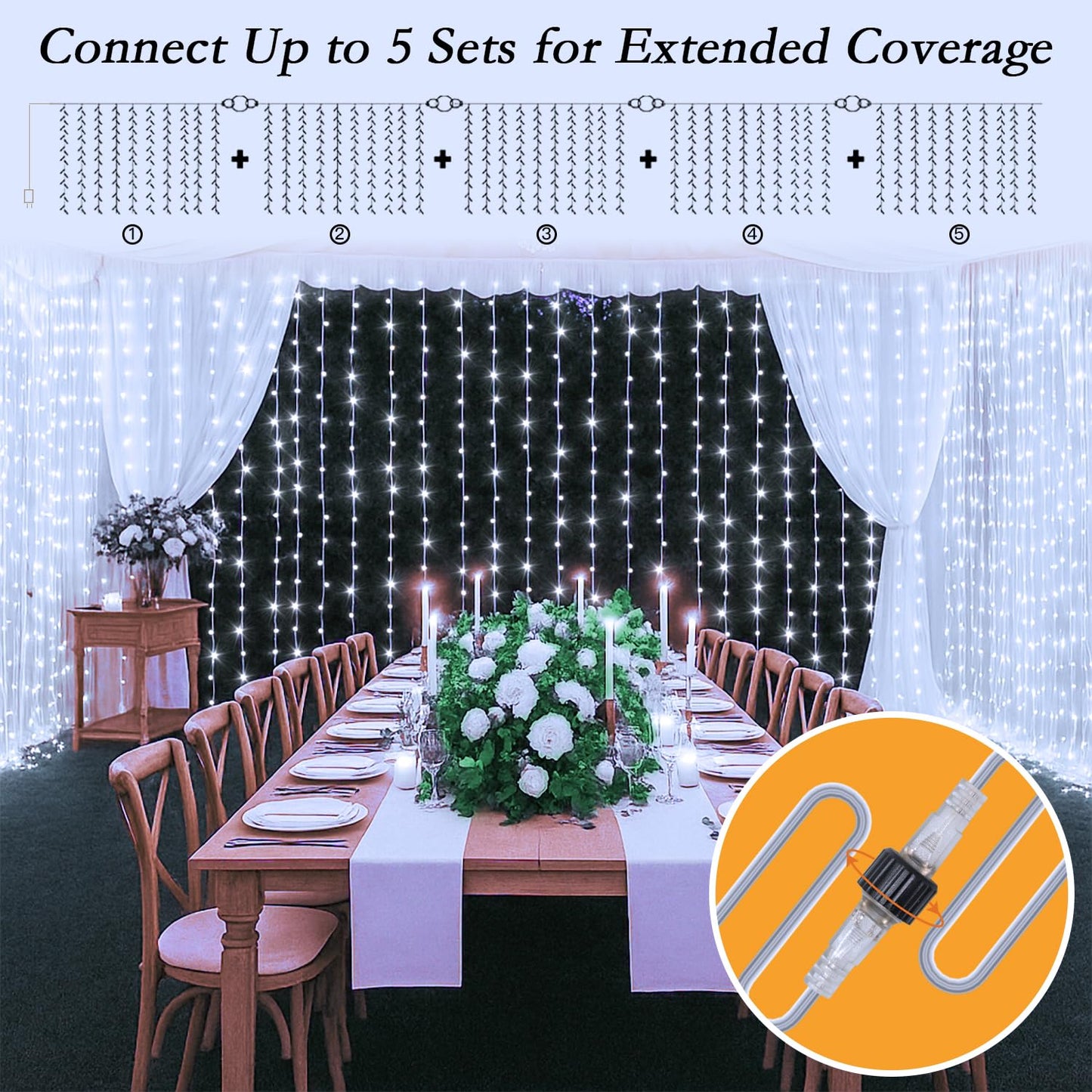 Soagrc 300 LED Cool White Curtain String Lights 9.8x9.8FT Plug in Fairy Lights with 9 Hooks Dimmable Timer & 8 Modes IP44 Waterproof Bedroom Office Wall Wedding Backdrop Christmas Indoor Outdoor Decor