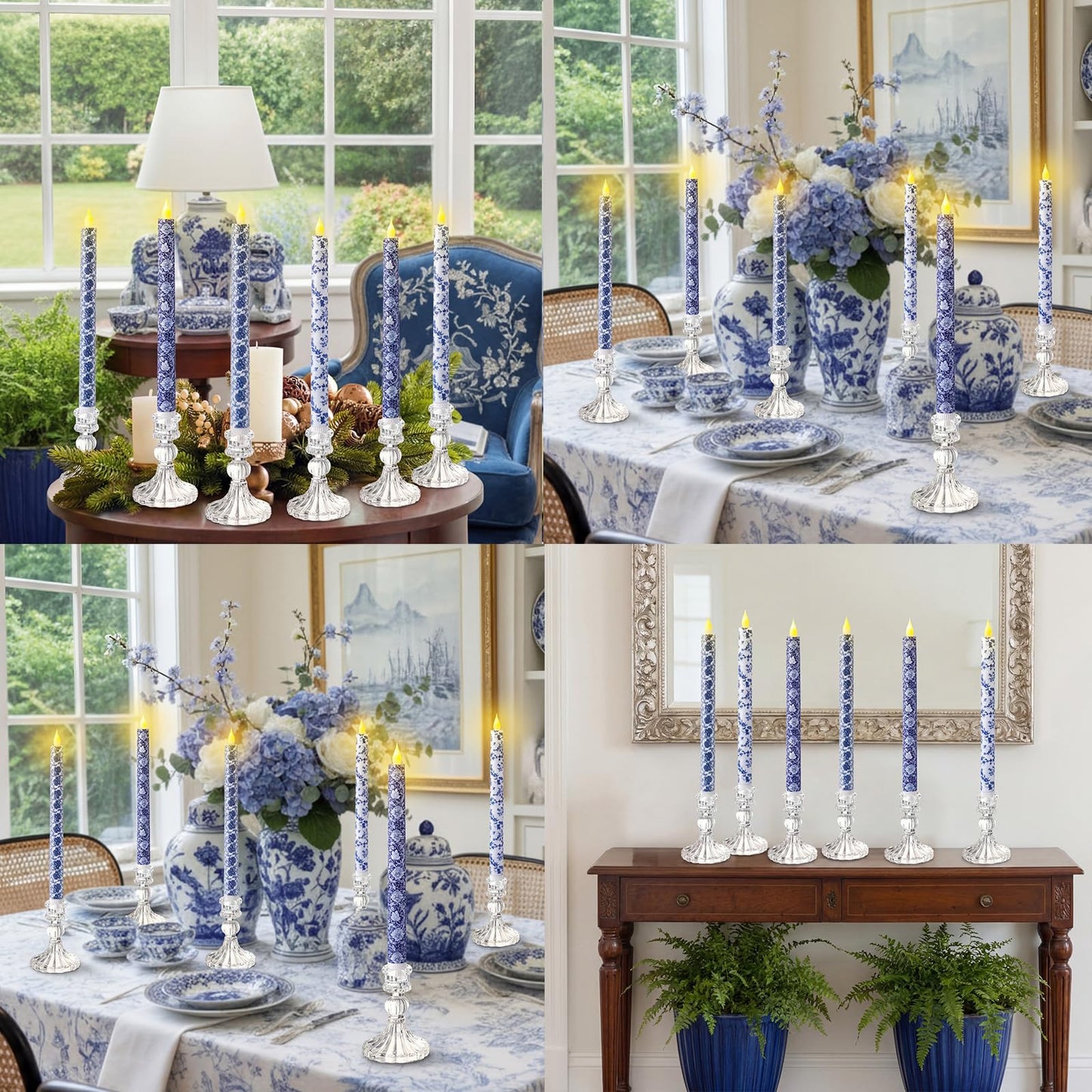 Baquler 6 Pcs Chinoiserie Flameless Candles Coastal Chinoiserie Decor 10.6 Inch Blue and White Battery Operated Led Candlesticks for Holiday Wedding Party Summer Table Centerpiece Home Mantel Decor