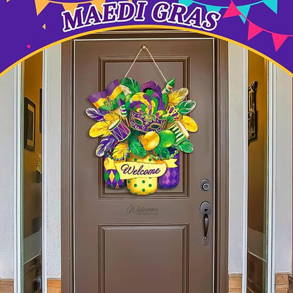 Boao Welcome Mardi Gras Door Decorations Mardi Gras Sign Hanging Decoration wall Hanger Masquerade Carnival Wreath for Outdoor Farmhouse Porch Front Door Decor