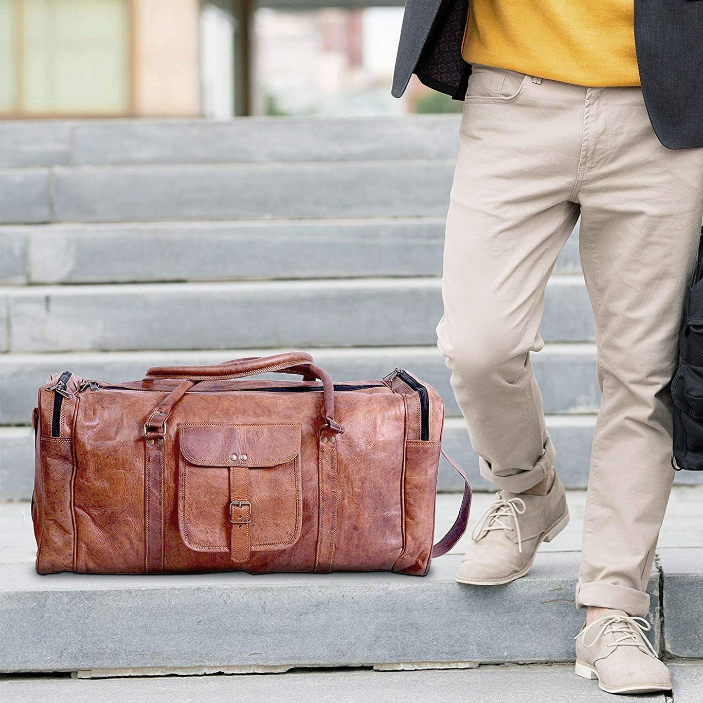 Leather duffle bags large 24 Inch Square Duffel Travel Gym Sports Overnight Weekender Leather Bag for men and women