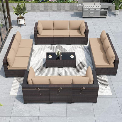 ALAULM 14 Pieces Outdoor Patio Furniture Set Sectional Sofa Sets Brown PE Rattan Patio Conversation Set w/12 Khaki Seat Cushions and 2 Coffee Tables