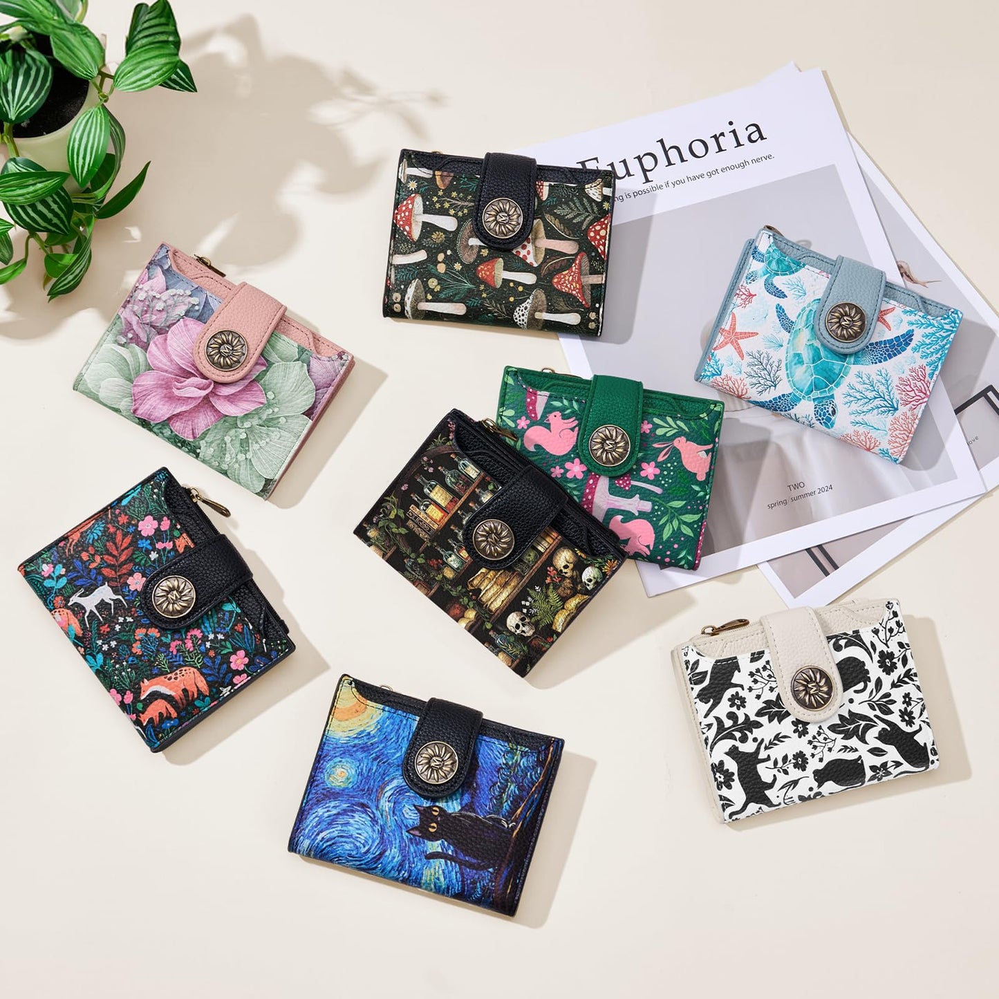 Mayski Celestial Moon Small RFID Wallet Women, PU Leather Bifold Zipper Coin Pocket Compact Cash Credit Card Holder Purse, Cute Travel Wallet for Female Ladies Teen Girls, 4 ID Window 14 Card Slots