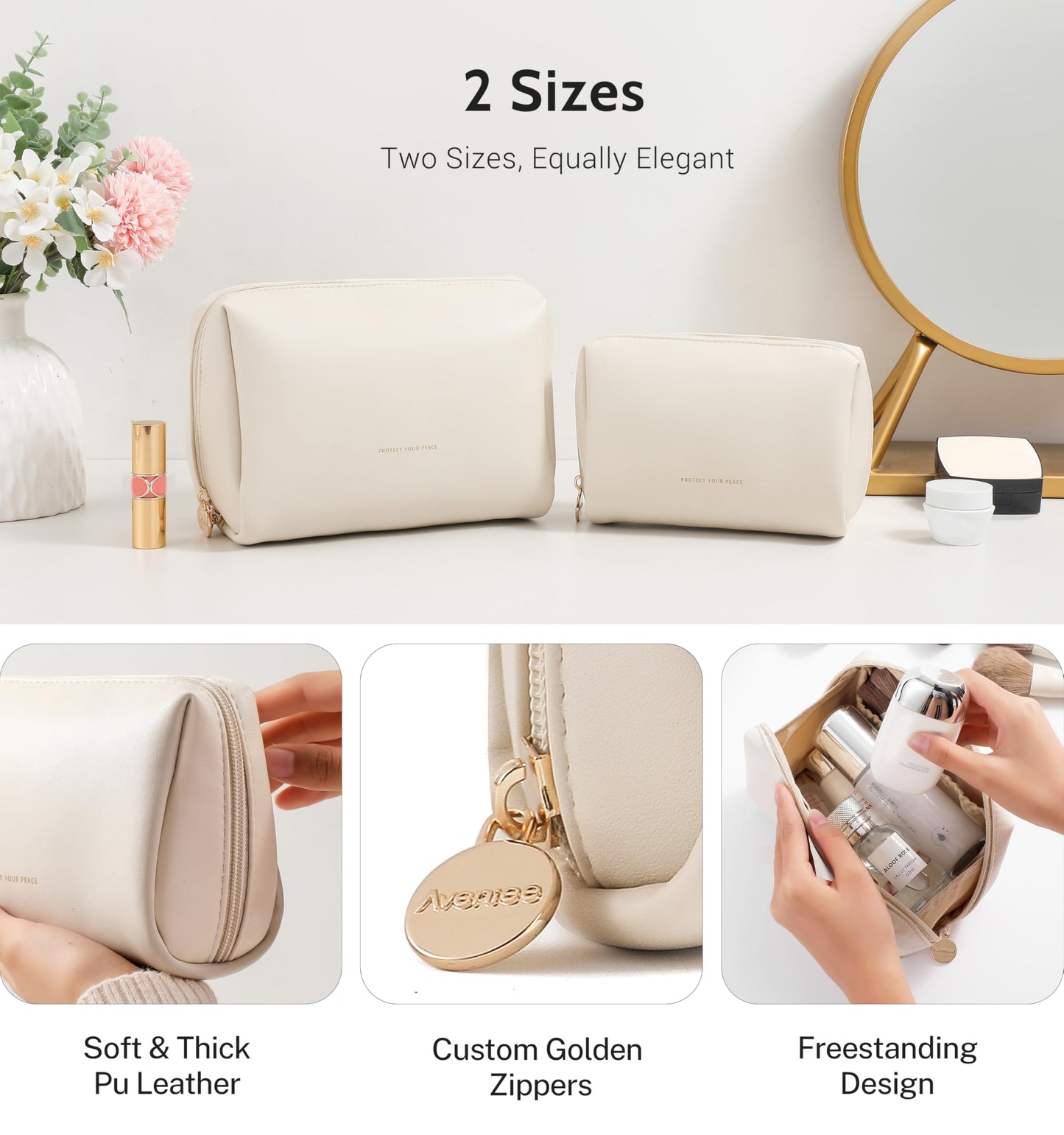 Aveniee Travel Makeup Bag Small, Vegan Leather Cosmetic Pouch for Purse, Wide-open Toiletry Organizer with Dividers & Zipper for Women-Beige
