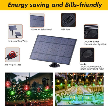 Solar Outdoor RGB String Lights, 48FT Dimmable Patio Lights with 15 Shatterproof Edison Bulbs, Commercial Grade Waterproof LED String Lighting with Remote for Party, Garden, Yard