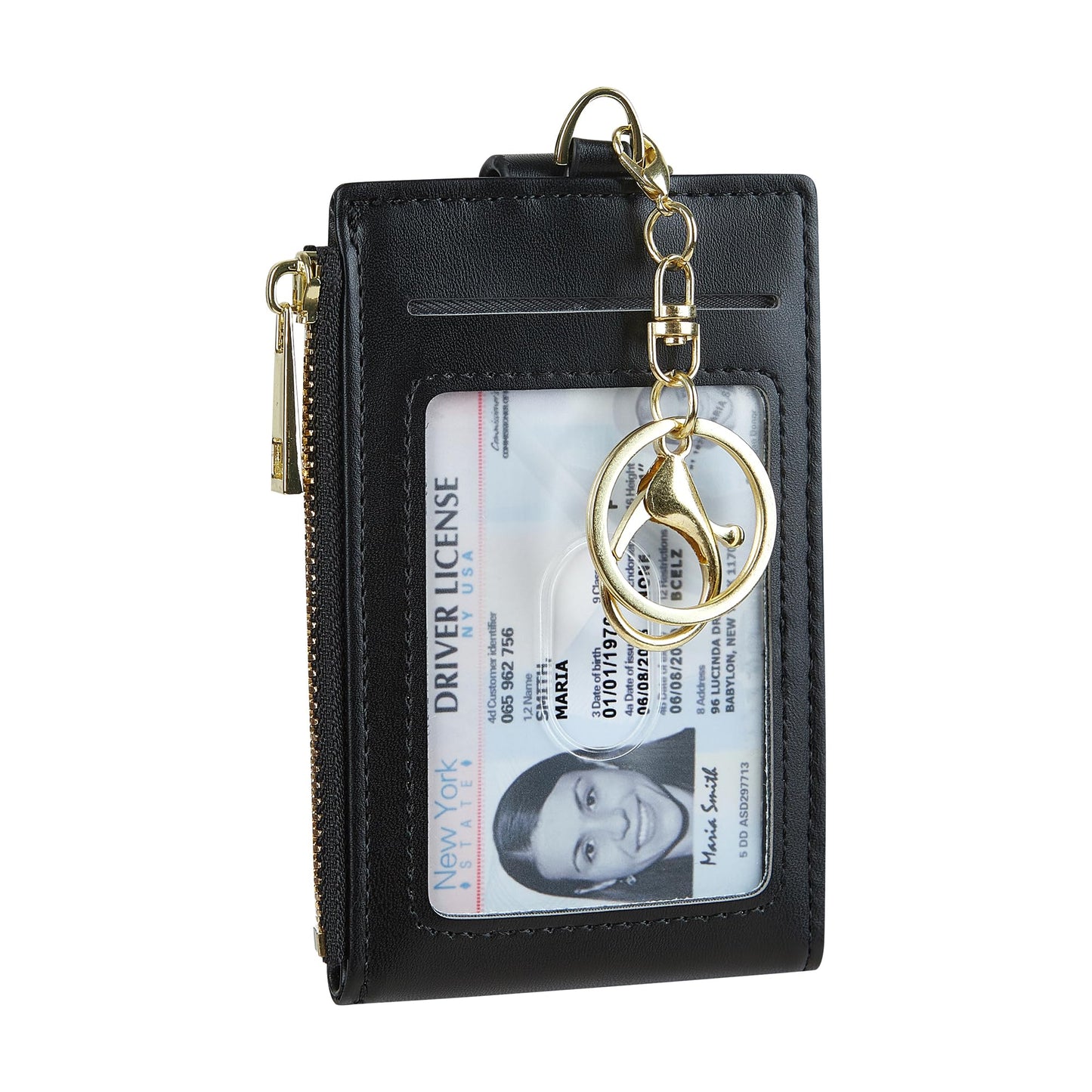 Cynure Women Leather RFID Blocking Card Holder Slim Small Zipper Keychain Front Pocket Wallet with 2 ID Window, 1-plain black