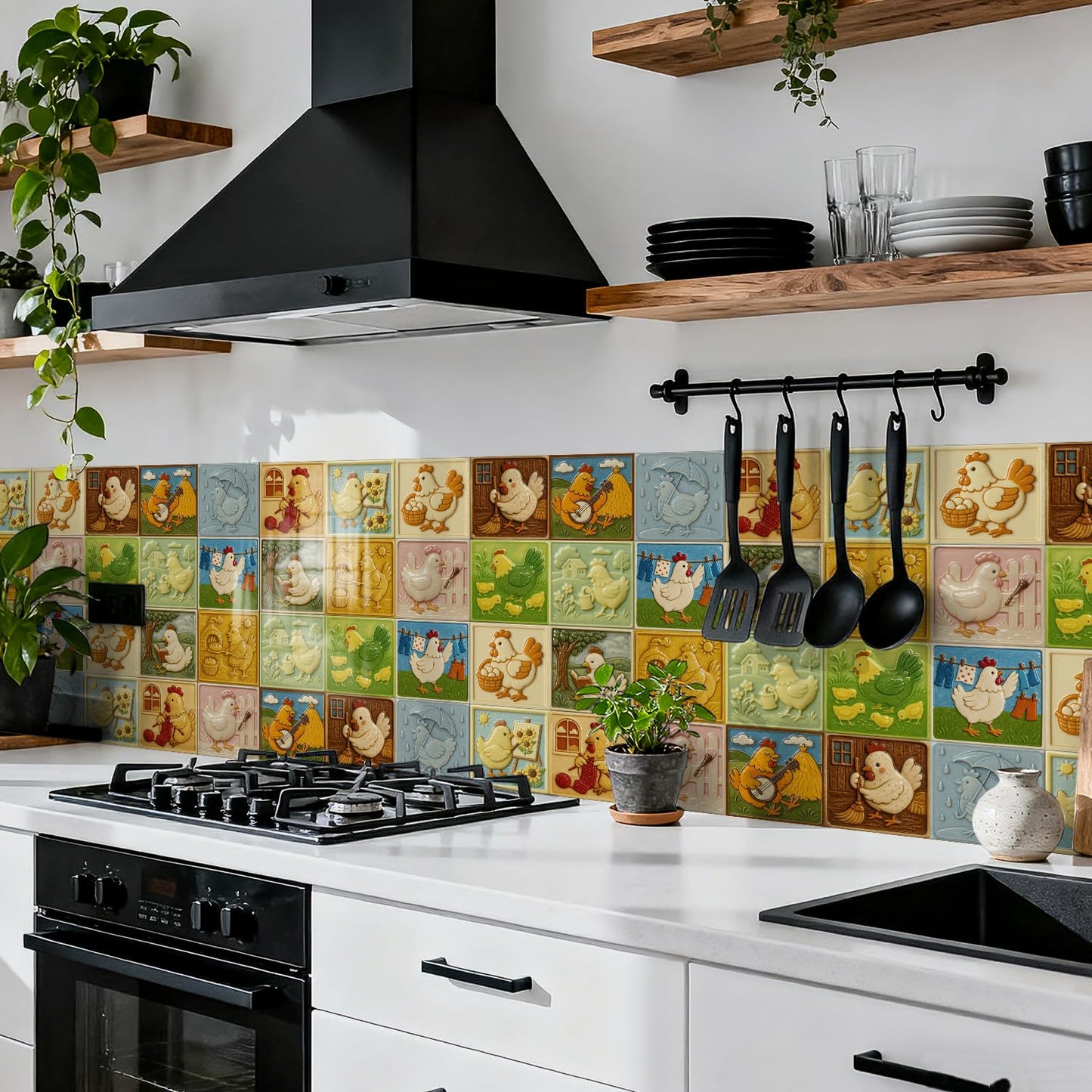 Art Deco Cute 3D backsplash Tiles for Kitchen Bathroom RV ladundry wall Decor,Decorative smart Tile Stickers Stick on backsplash with Hen Picture