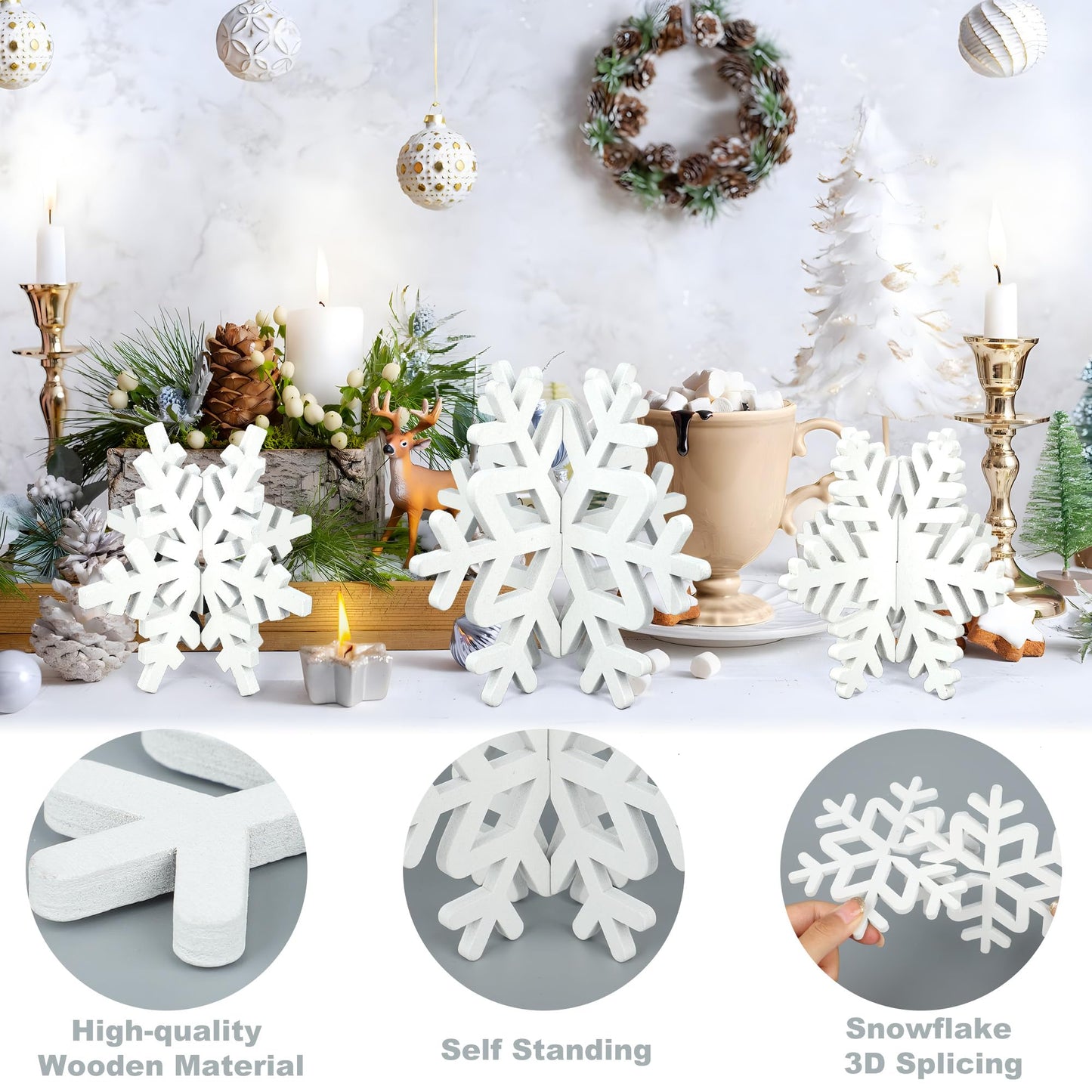 16 Pcs Christmas Wooden Decor Winter 3D Snowflake Tabletop Sign Tiered Tray Decorations White Snowflake Wood Blocks Centerpiece for Xmas Wonderland Party Home Table Decor