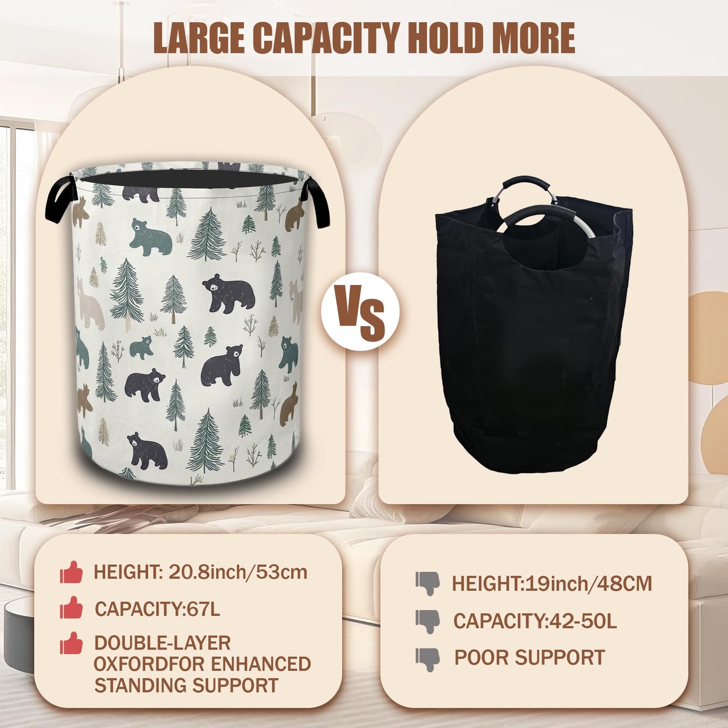 Bear Pine Tree Laundry Basket,Wild Animal Laundry Hamper Waterproof Oxford Cloth Tote Collapsible,Clothes Storage Bucket Decorative Toy Organizer For Bathroom Bedroom 16" x 20.8"