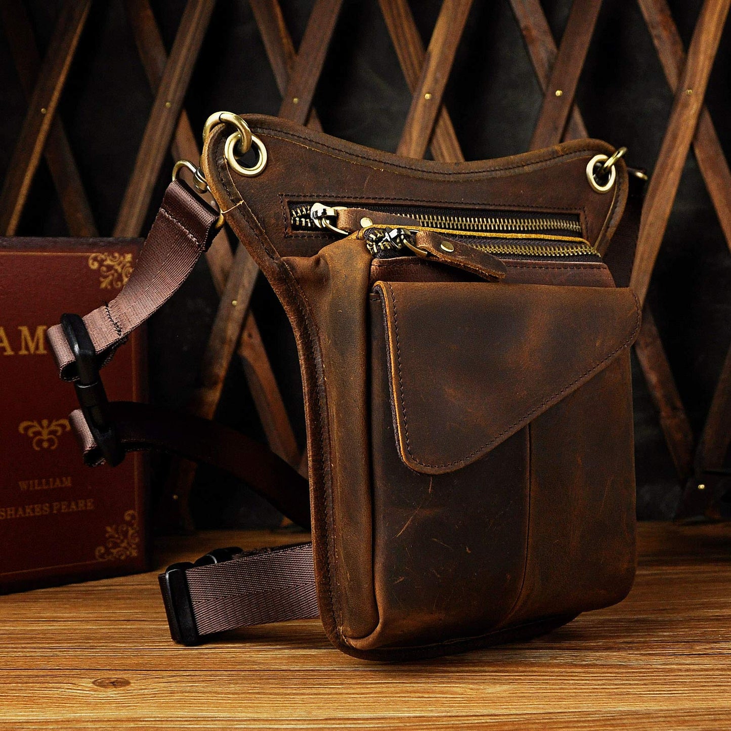 Le'aokuu Mens Genuine Leather Messenger Hiking Waist Hip Bum Pack Drop Leg Bag 211-3 1 Dark Brown