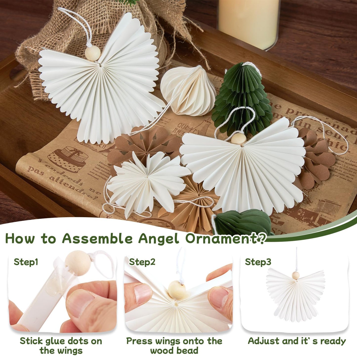 OBBOLO 9 Pcs Mini Paper Christmas Hanging Ornaments, Handcrafted with Carstock, White, Sage Green and Brown Decorative Paper Christmas Tree Ornament, for Xmas Holiday Party Home Tree Decor