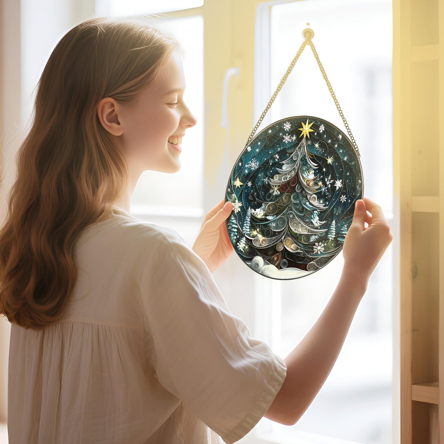 8-Inch Starry Christmas Tree Suncatcher Ornament: Stained Glass Window Hanging & Decor, Sun Catchers Indoor Window — Gift for Christmas, Holiday Present Idea, Gifts Exchange, Gift Idea