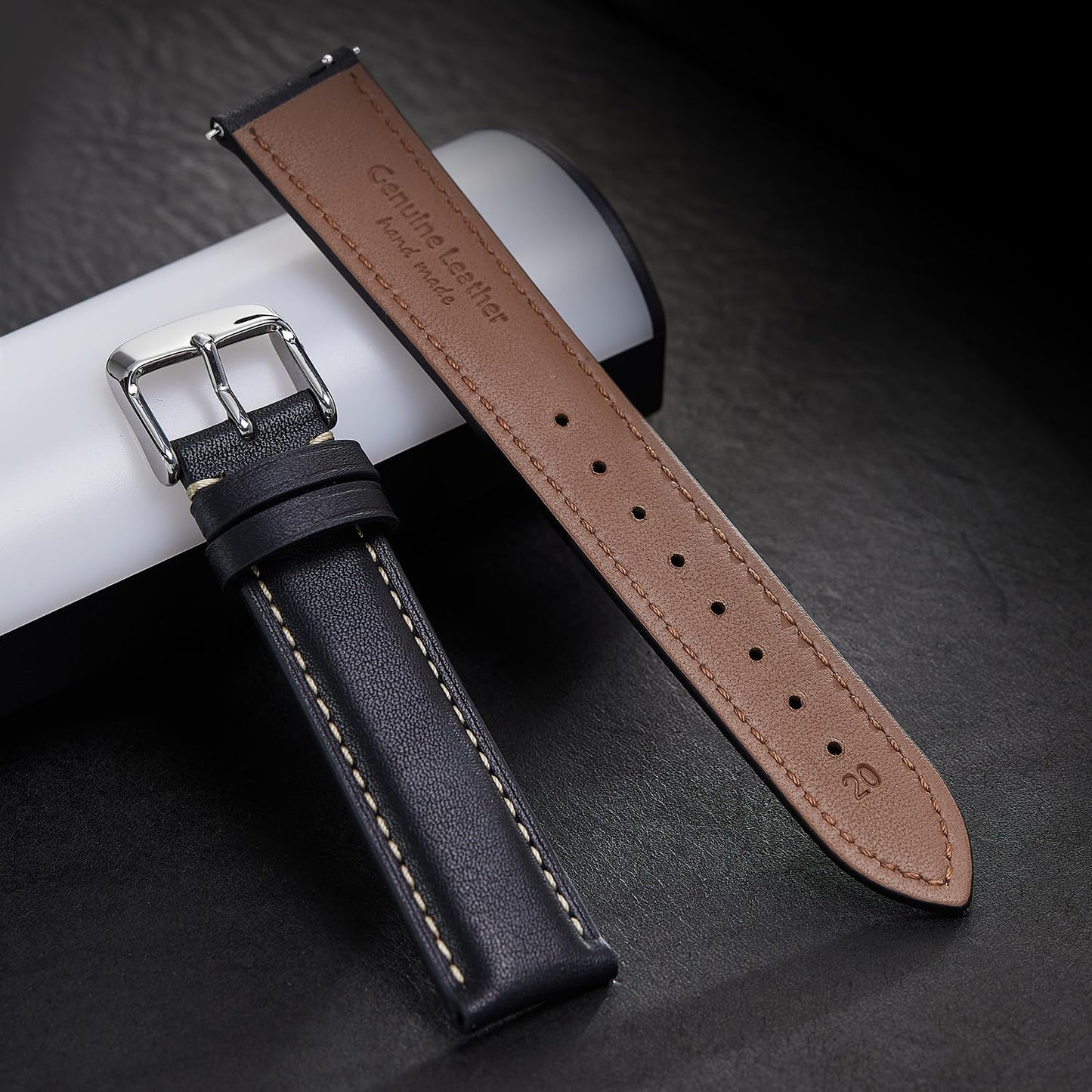 Afany Leather Watch Band 20mm for Men and Women, Quick Release Watch Strap, Black Replacement Watchband