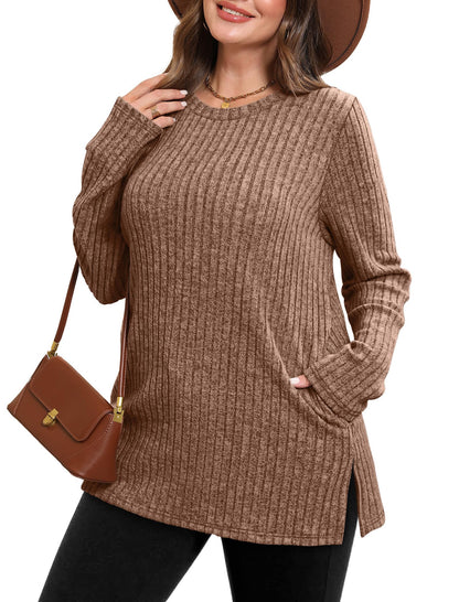 SAMPEEL Womens Sweaters Crewneck Long Sleeve Shirts with Pockets Fall Outfits 2025 Fashion Winter Clothing Side Slit