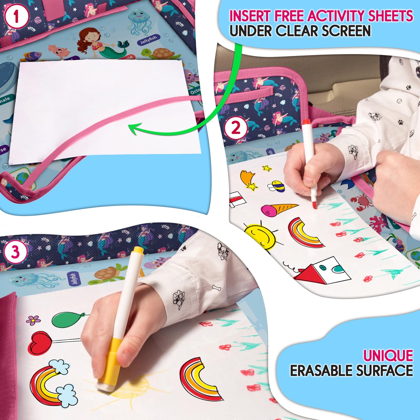 ECOFANTASY Kids Travel Tray - Waterproof Lap Table with No-Drop Large Tablet Holder - Car Seat Tray - Road Trip Essentials Kids - Car Desk Organizer for Airplane - Toddler Travel Essentials(MERMAID)