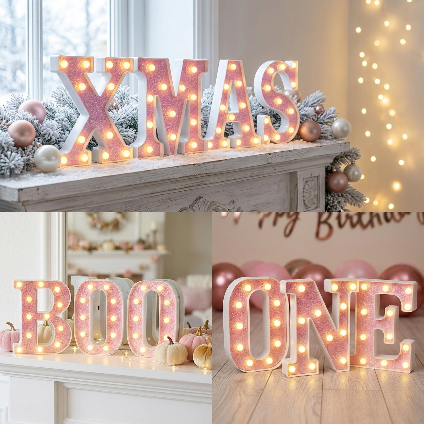 EUFONY Pink Glitter Marquee Light Up Letters, Battery Operated LED Letter Lights Signs for Pink Birthday Party Table Decorations, Wall Decor for Girls Bedroom, Initial Letter E with Warm White Lights