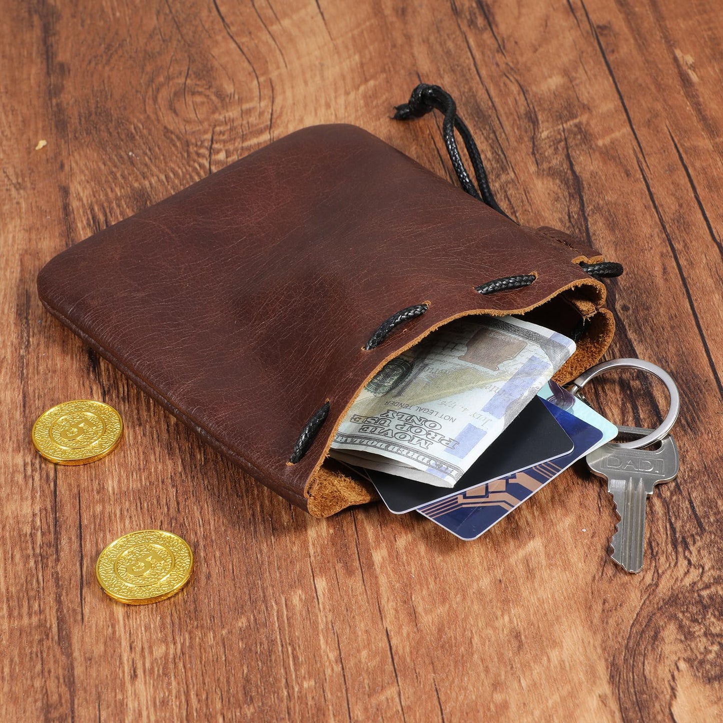 HJZHII Leather Drawstring Pouch, Small Drawstring Dice Pouches Storage Bags Vintage Medieval Coin Waterproof Cowhide Bag(Large)
