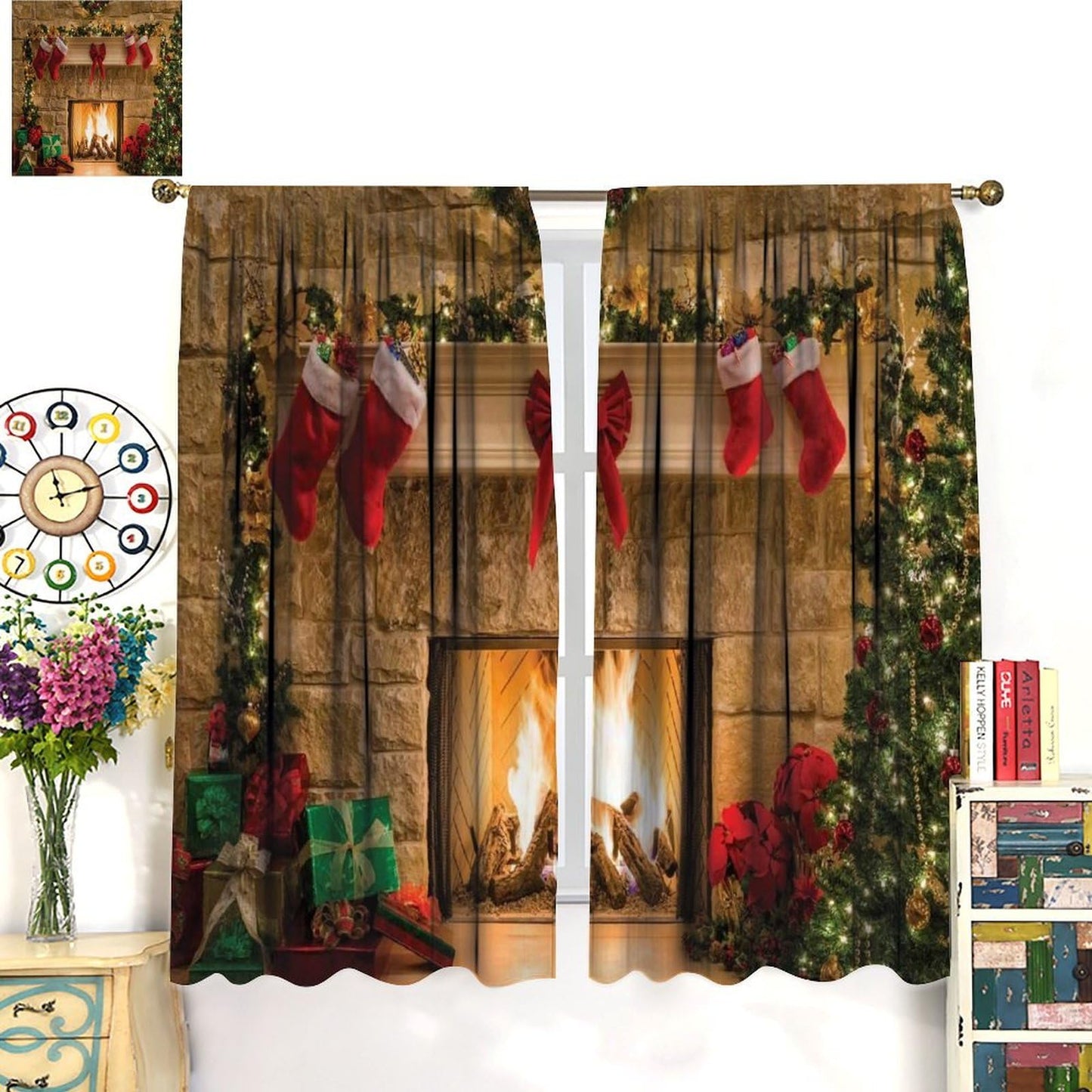 FengMingRui Merry Christmas Curtains Fireplace Christmas Socks Christmas Tree Window Treatment for Bedroom Living Room Decor Art Printed Window Drapes 42" W X 45" L