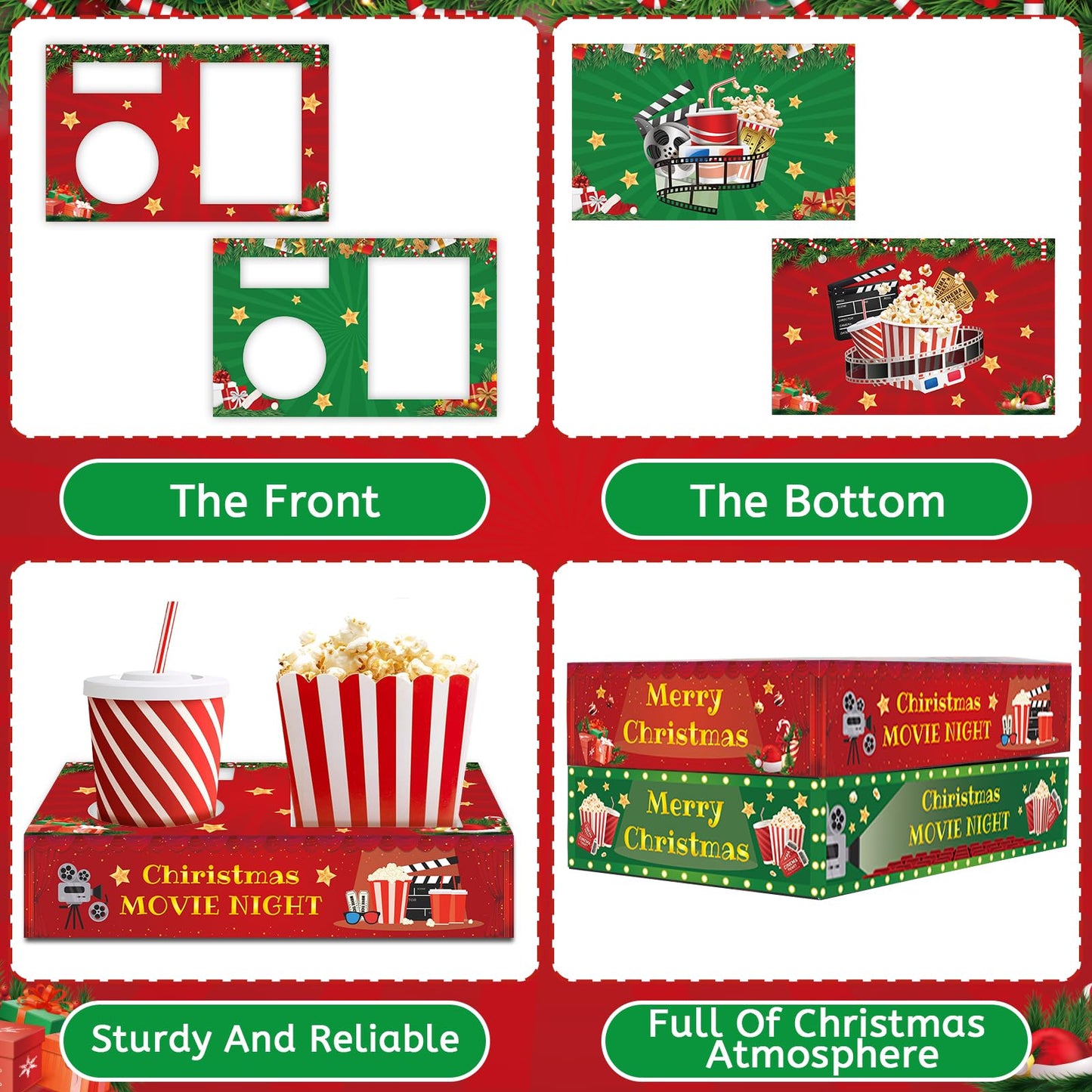 32 Pcs Movie Night Snack Trays Hold Popcorn Candy Food Drink Boxes Merry Christmas Movie Night Party Supplies Christmas Popcorn Food Candy Drink Tray for Kid's Birthday Theater Family Xmas Party Decor