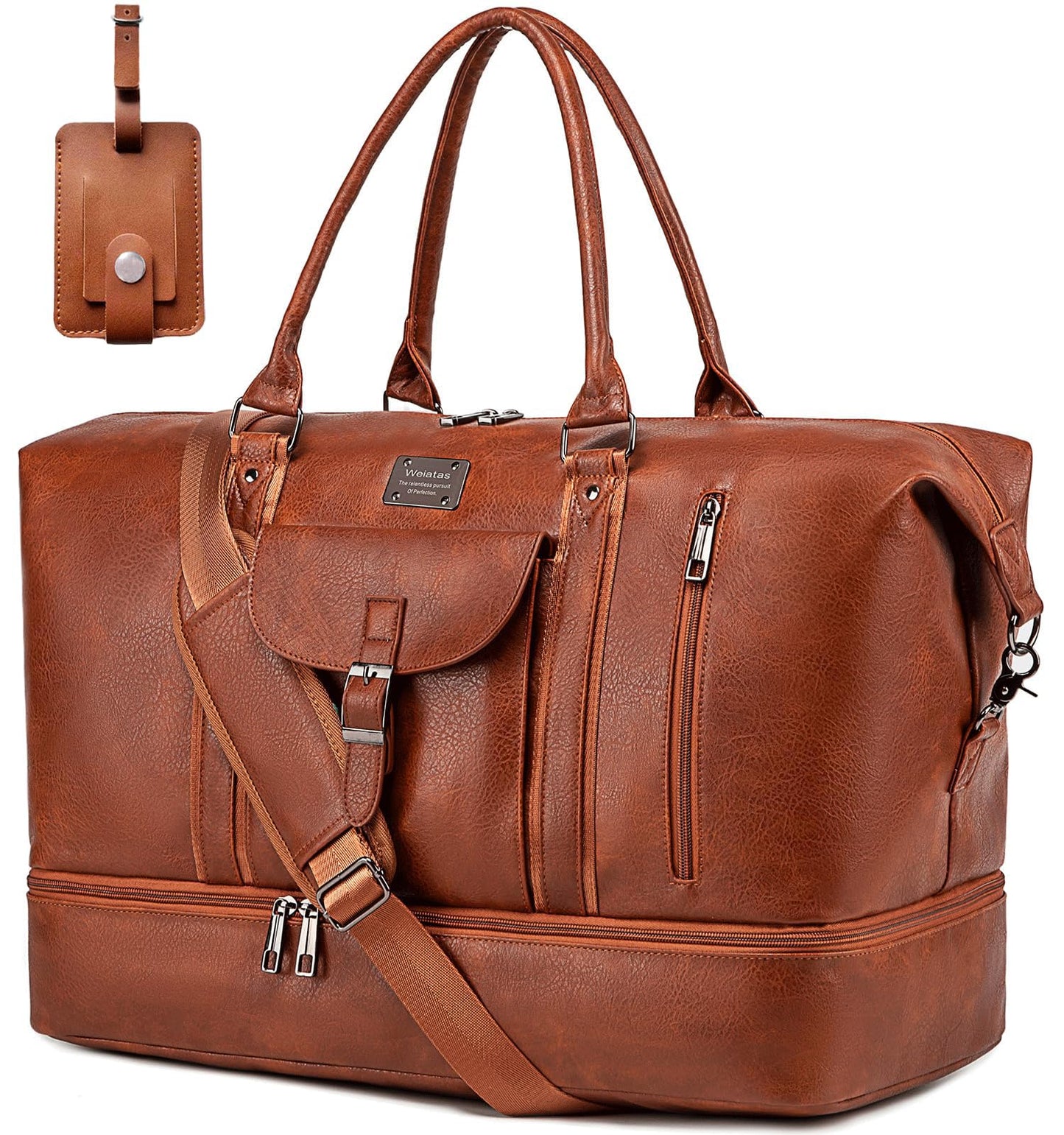 weiatas Faux Leather Travel Duffel Bag for Women Men, Large Weekender Overnight Bag with Shoes Compartment, Waterproof Carry On Bag Travel Tote Bag Gym Bag with Luggage Strap (Brown)