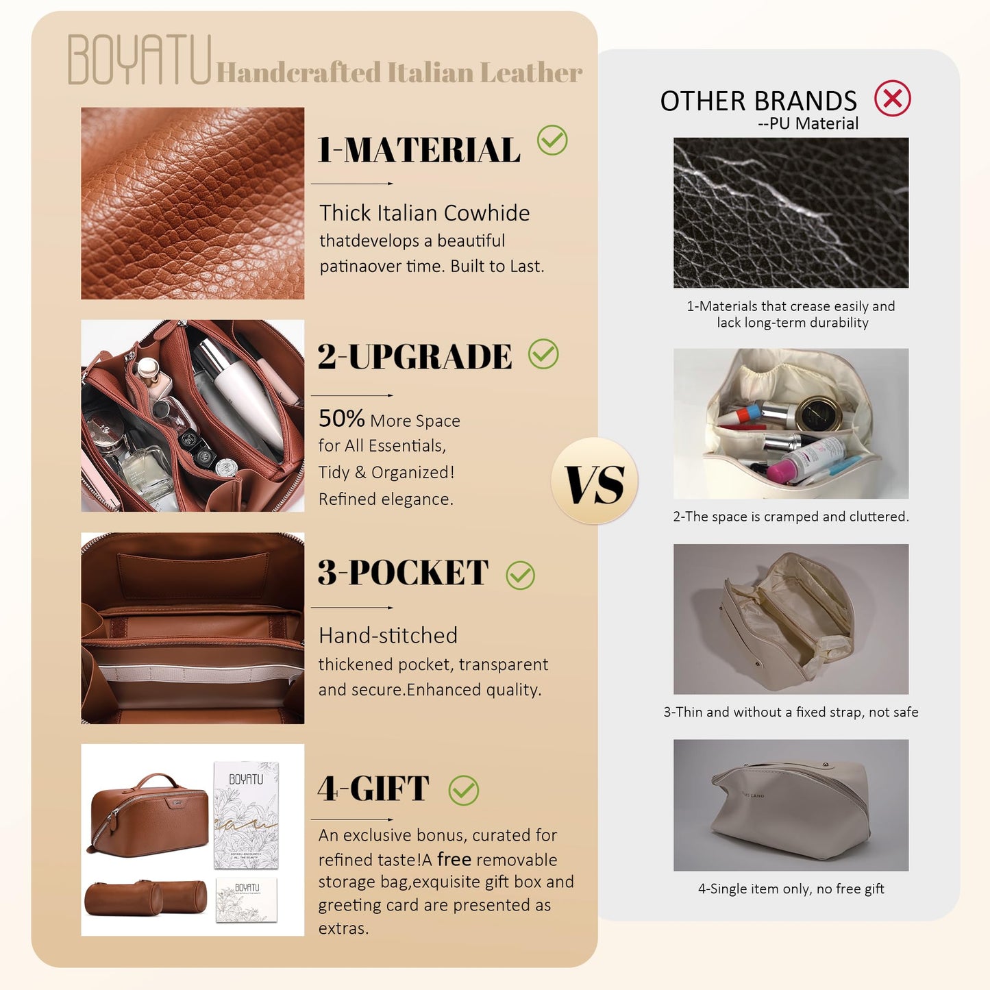 BOYATU Genuine Leather Travel Makeup Bag: Large Capacity 3 Pcs Set Cosmetic Bags for Women - Designer Waterproof Hand-made for Toiletry Organizer - Ladies Travel Essentials for Elegance (01Brown)