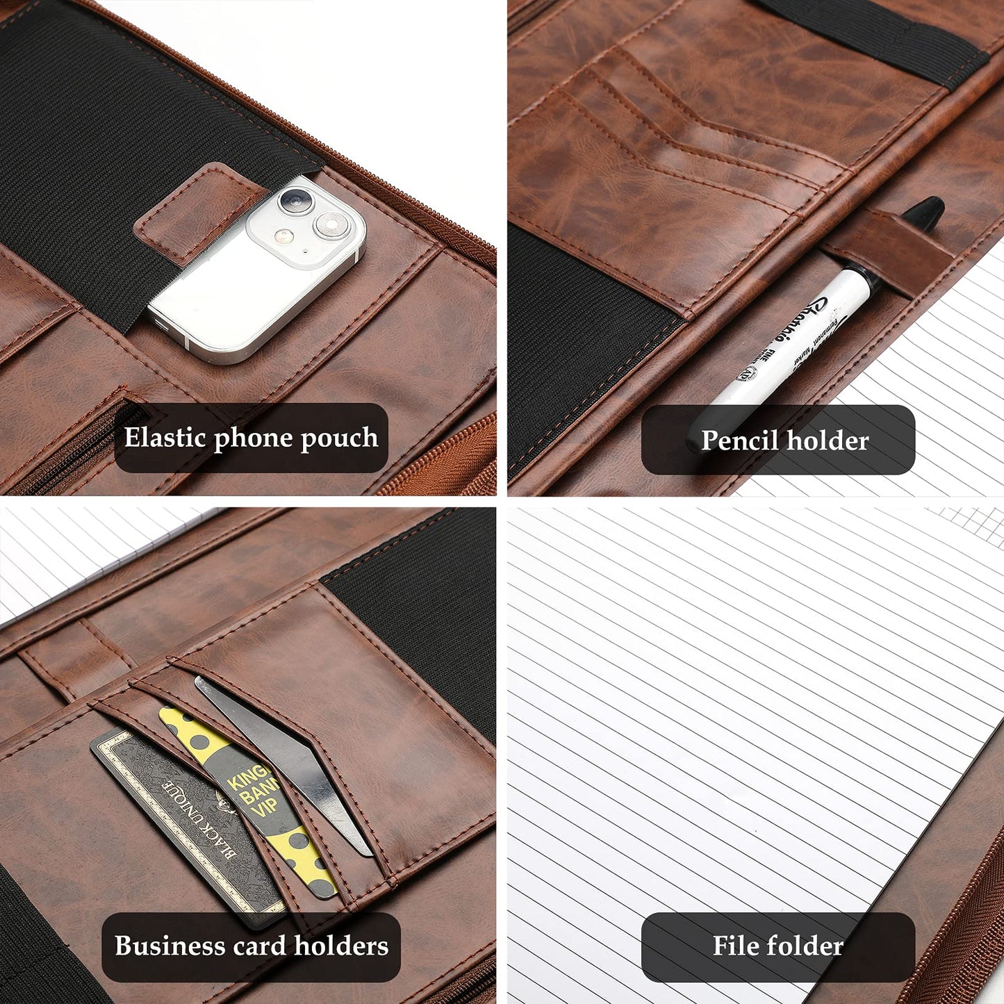 ProCase Portfolio Business Padfolio Folder with Zipper, Conference Meeting Executive File Legal Document Organizer with Pockets Letter Size A4 Writing Pad Notepad Padfolio -Brown