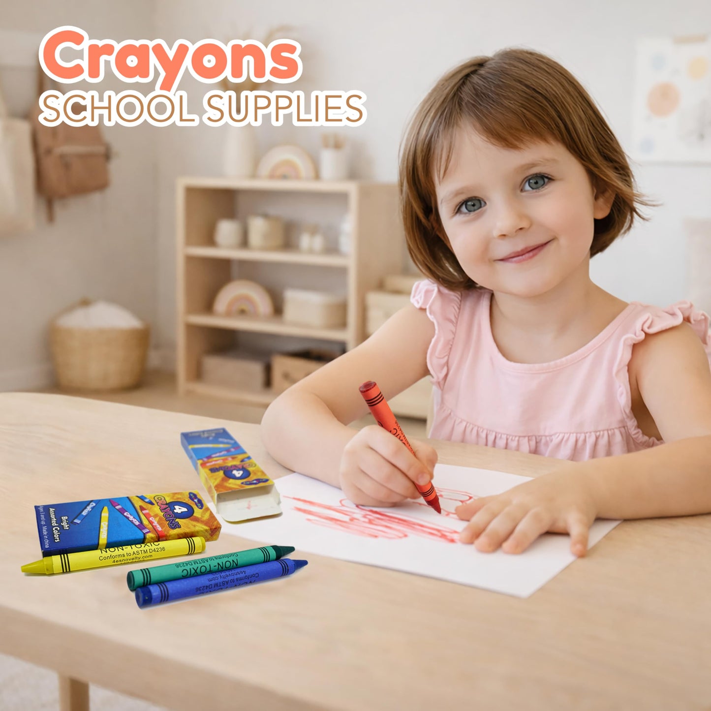 4E's Novelty 144 Boxes of 4 Packs Bulk Crayons for Kids, Non-Toxic Crayons Bulk, Classroom Must Haves, Supplies for Teachers Restaurants Crayon Party Favors Individual Packs