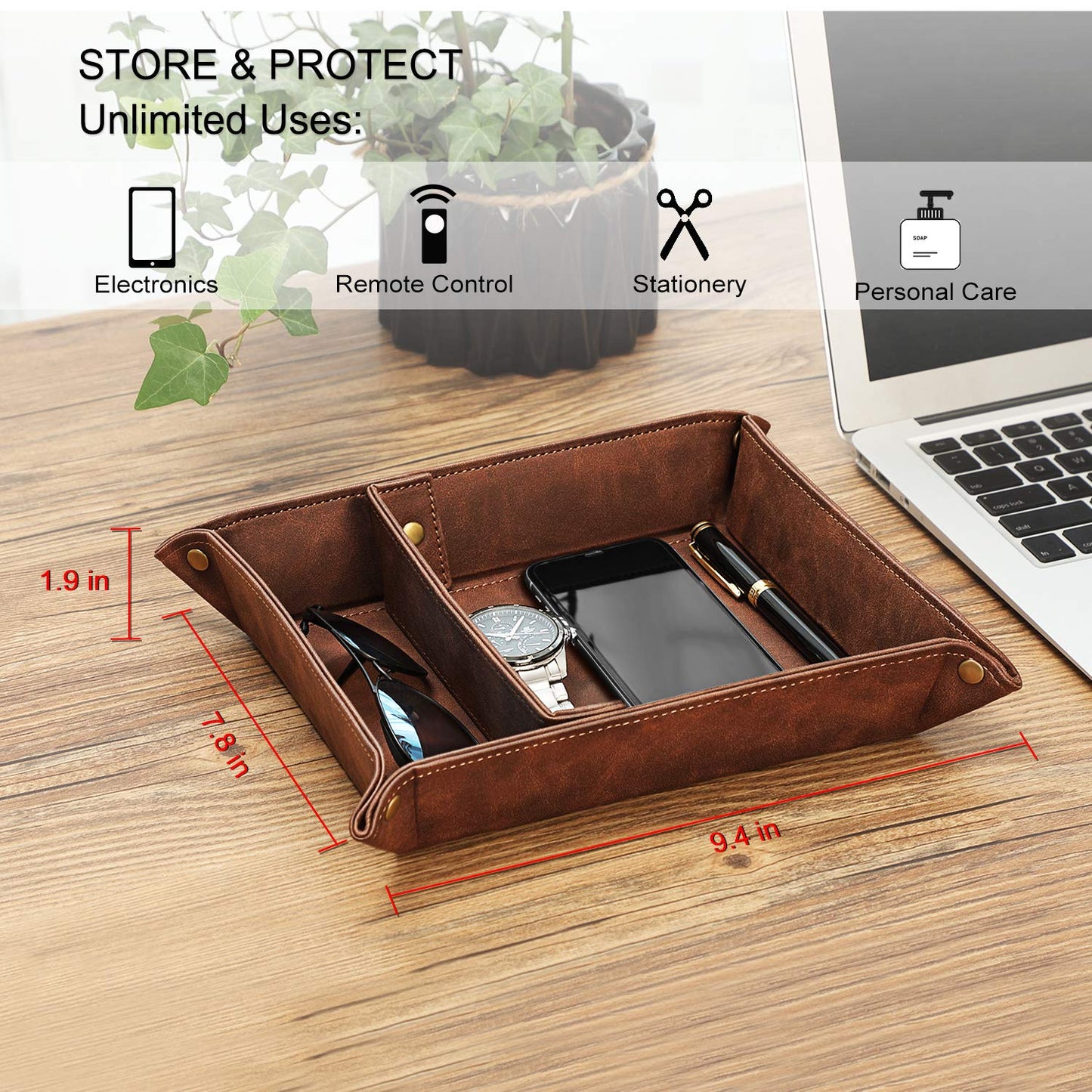 SITHON Valet Tray Desktop Storage Organizer, Removable 2 Compartments Catchall Tray Bedside Vanity Nightstand Caddy Holder Desk Storage Plate, Valentine's Day Gift, Brown