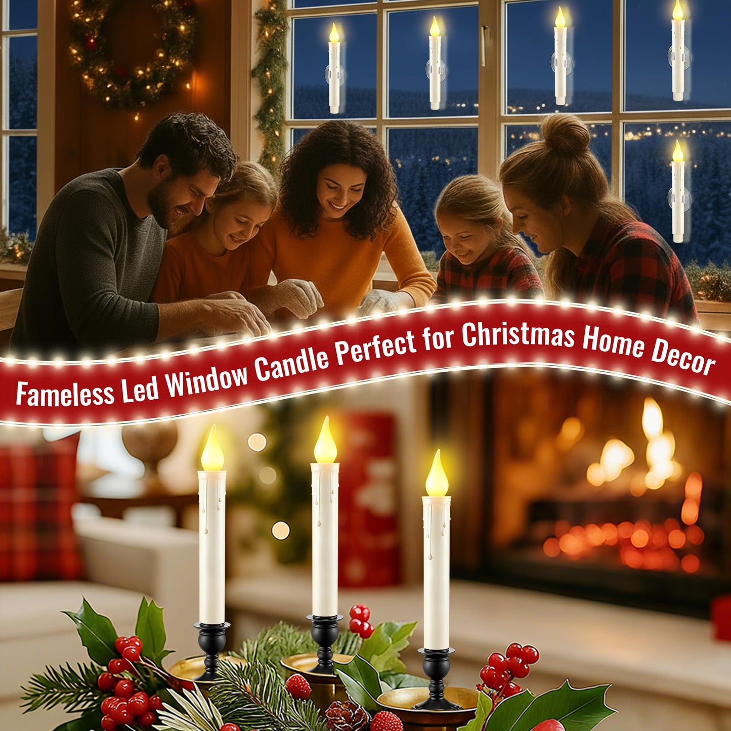 6 Pack Battery Operated Window Candles with Sensor Dusk to Dawn, Ivory Flameless Taper Candlesticks with Removable Black Base & Suction Cups, LED Candlestick for Christmas Decor Home, 12 AA Batteries
