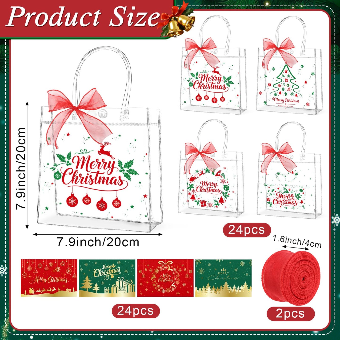 24pcs Christmas Clear Gift Bags with Handles And Ribbon Merry Christmas Greeting Card Set Xmas Transparent Reusable Gift Wrap Bags PVC Candy Goodie Treat Totes for Xmas Winter Holiday Party Favors