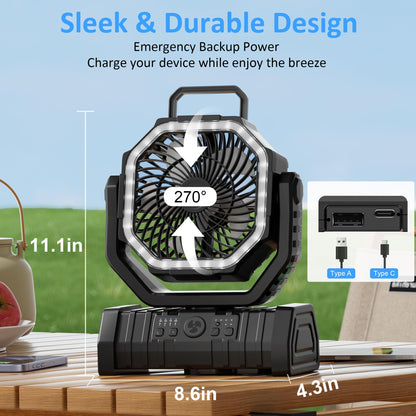 Portable Fan Rechargeable, 20000mAh Cordless Battery Powered Camping Fan with LED Light & Remote, 4 Speeds Wind, Timer, USB C, 360° Hanging Hook, Oscillating Fans for Travel Tent, Camping Essentials