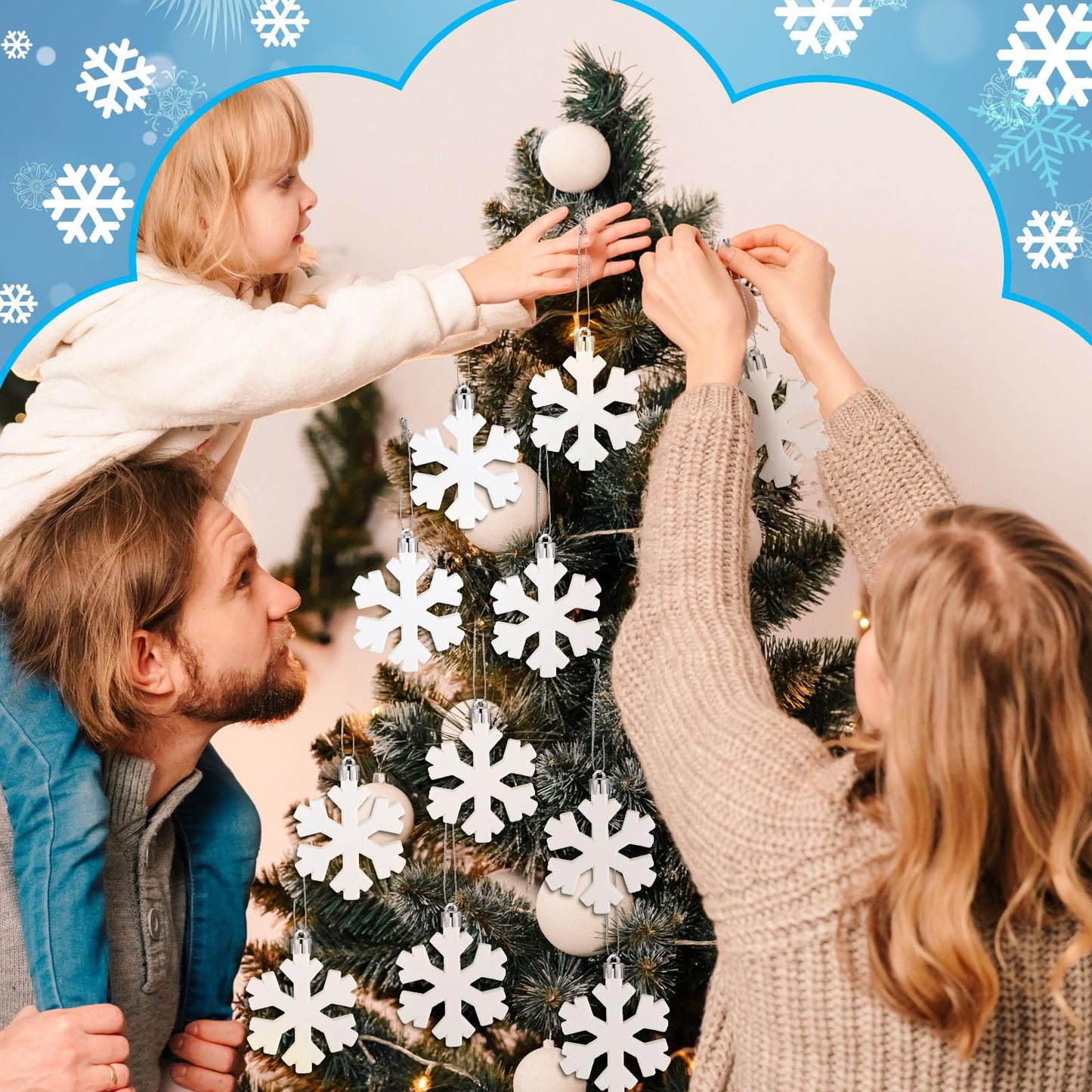 Lunmon 12 Pcs Snowflake Ornaments Christmas 3D Winter Snowflake Hanging Decorations 2.4 Inch Plastic Farmhouse White Snow Flake Ornaments with Rope for Home Xmas Tree Party Decor